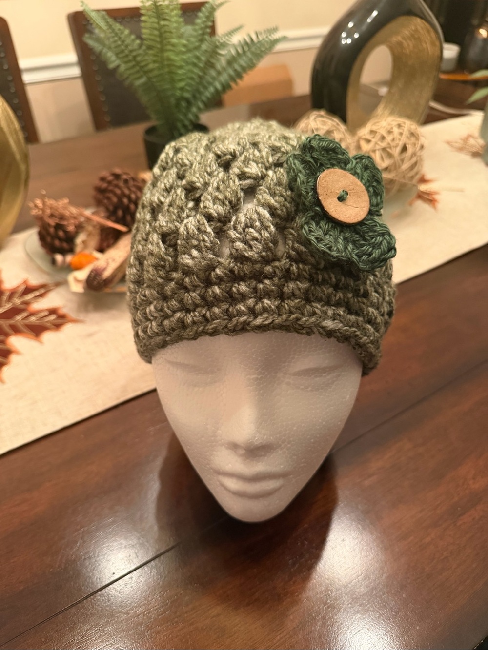 Handmade Olive Green Crochet Beanie with Flower Accent